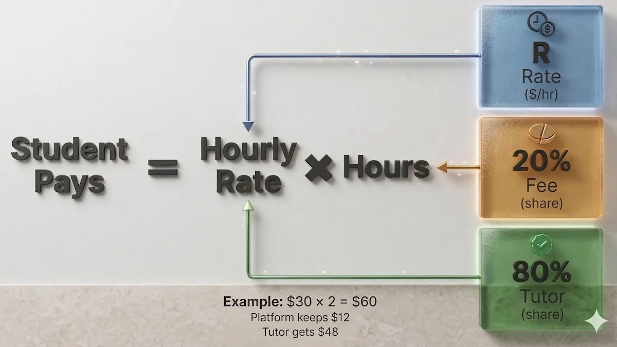24HourAnswers pricing infographic showing hourly rates, 20% platform fee, 80% tutor share, and a sample session calculation.
