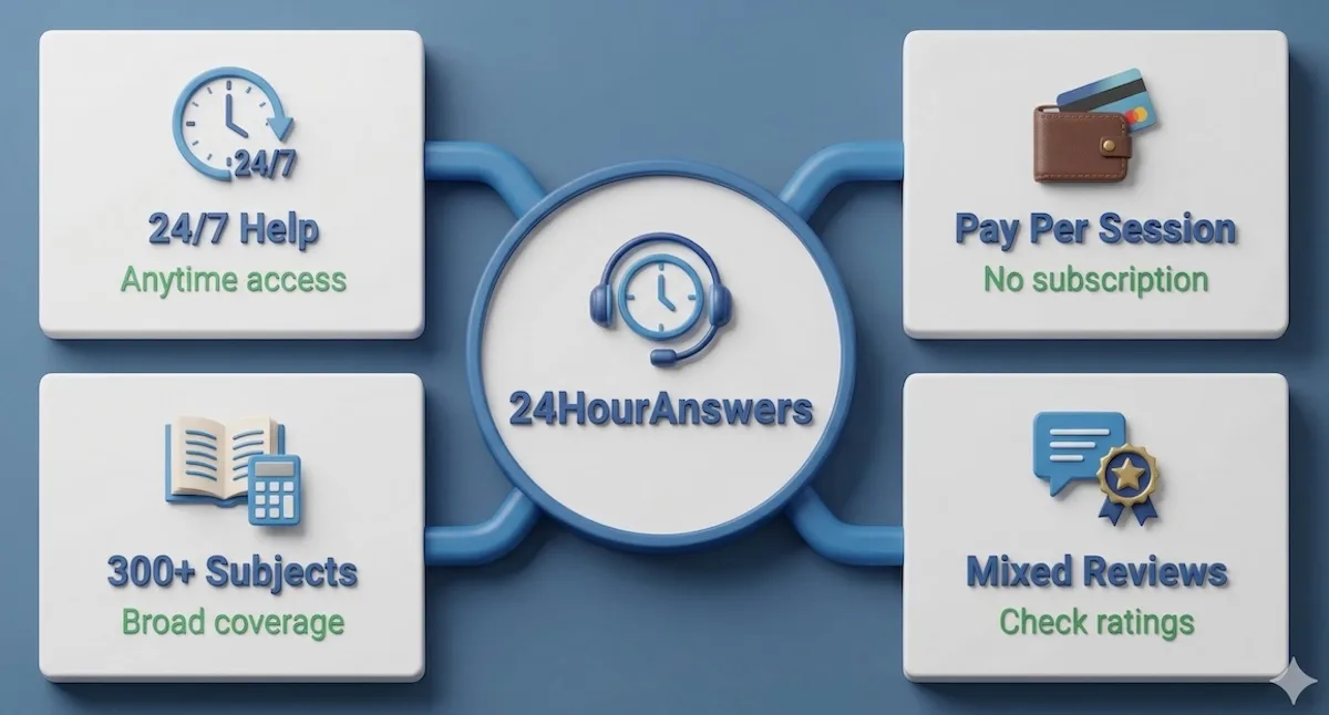 24HourAnswers overview infographic showing 24/7 help, pay-per-session pricing, broad subjects, and mixed review signals.