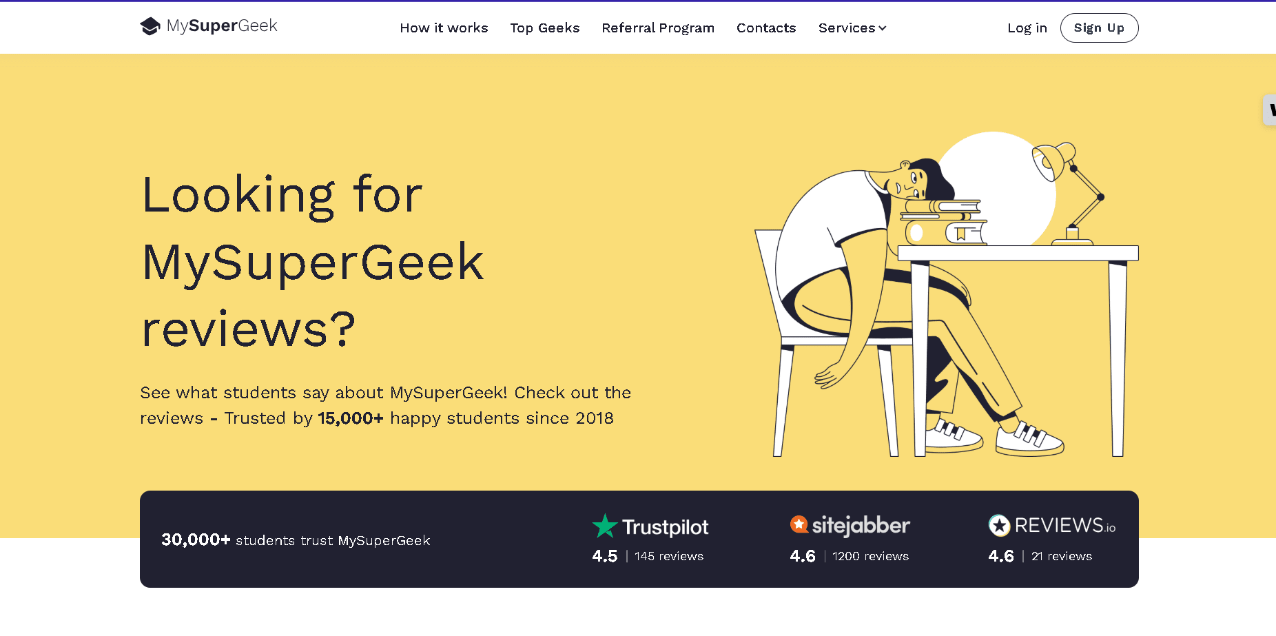 MySuperGeek student review scores shown across Sitejabber, Reviews.io, and Trustpilot platforms