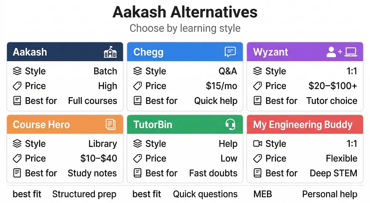 Comparison table of Aakash, Chegg, Wyzant, Course Hero, TutorBin, and My Engineering Buddy for tutoring style, pricing, and flexibility.