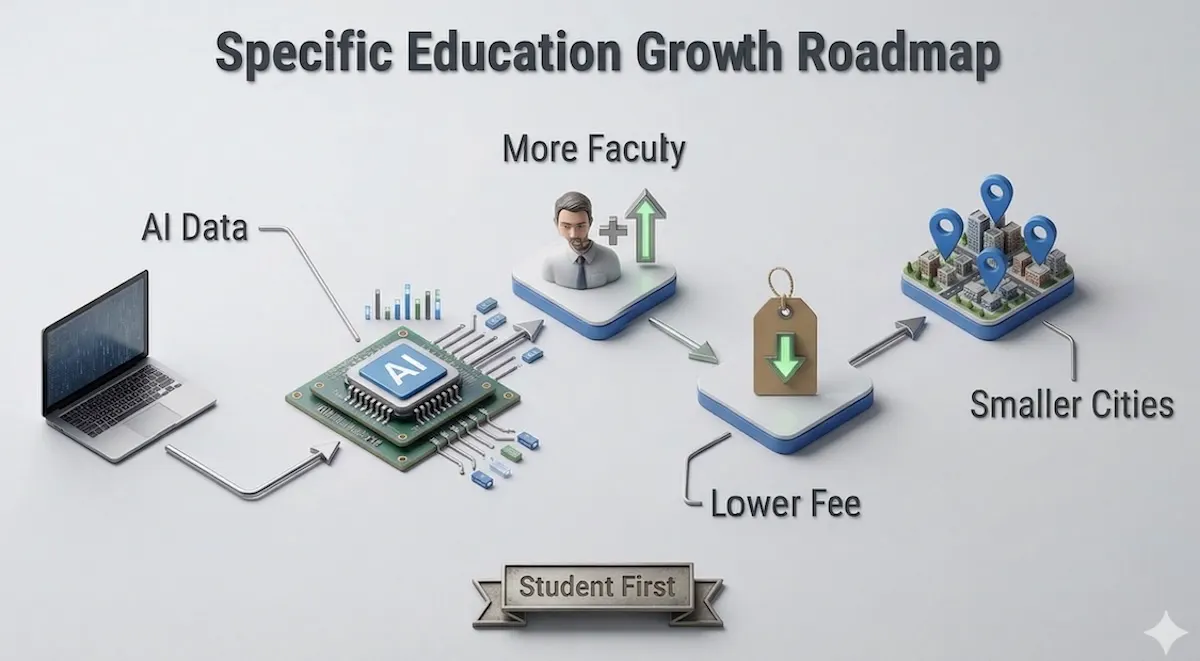 Roadmap infographic showing Aakash’s tech push, online faculty growth, AI investment, and expansion into smaller cities and towns.