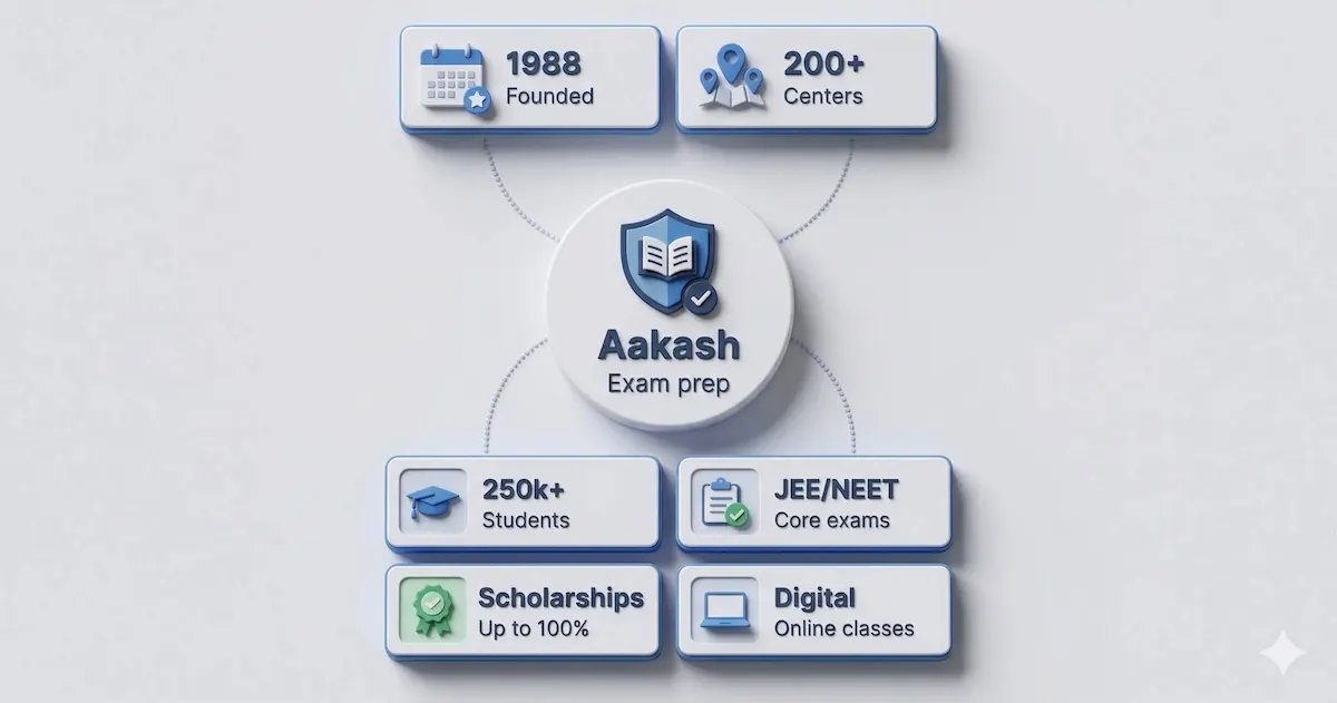 Aakash at a glance infographic showing trust signals, pricing, scholarships, refund rules, and core exam-prep offerings for students.