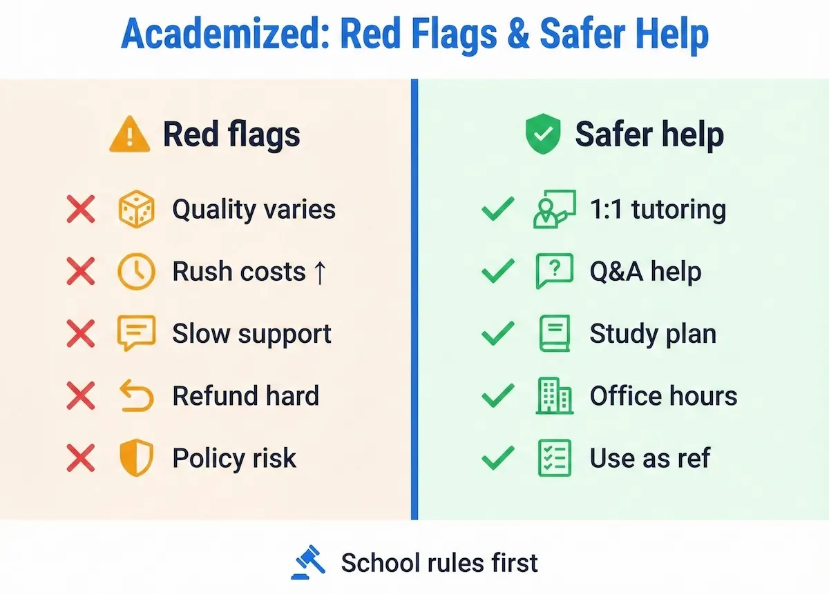 Two-column checklist showing Academized red flags like quality variability and refund issues plus safer learning-first alternatives for students.