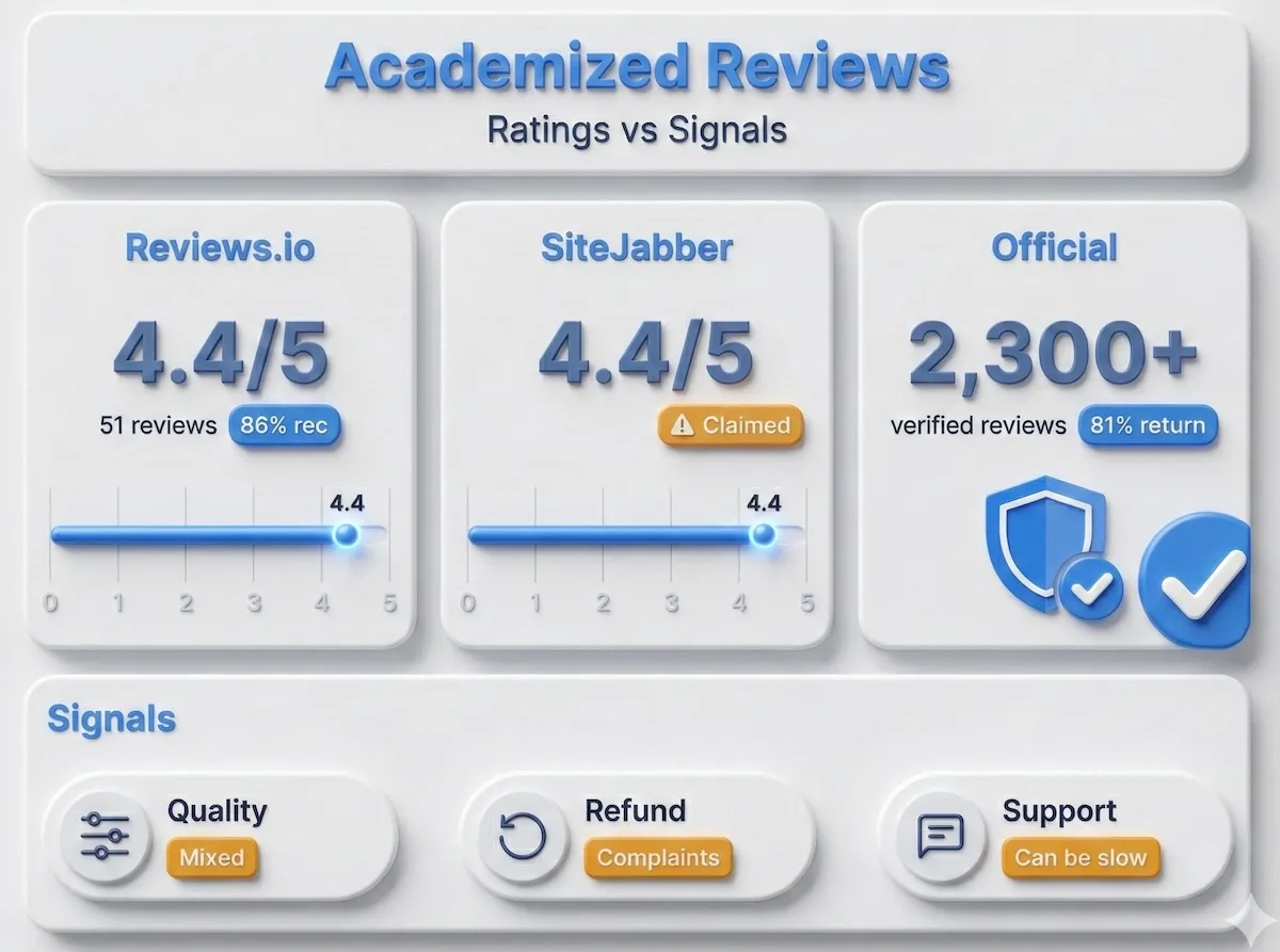 Dashboard chart showing Academized review ratings across sources plus trust signals about quality, refunds, and support speed.