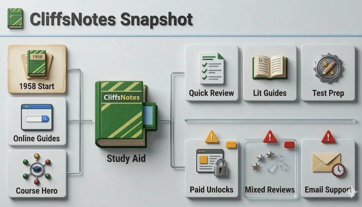 CliffsNotes overview infographic showing its origins, online study-guide format, best uses, and key limits like paid unlocks and mixed reviews.