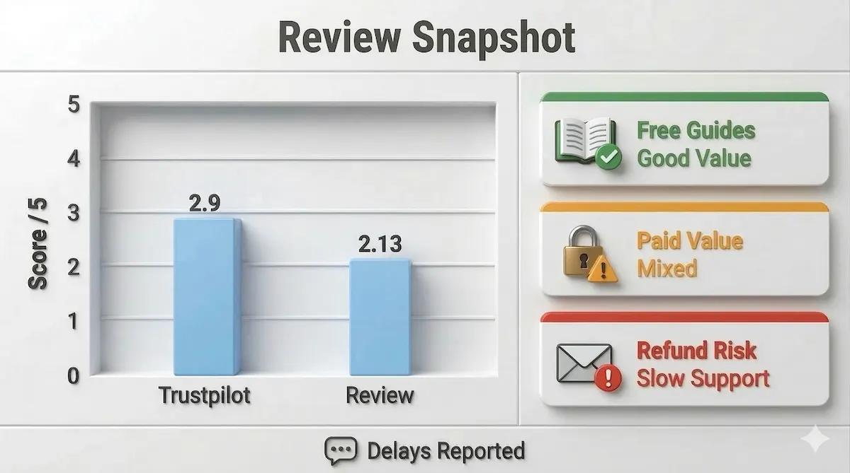 Review chart showing CliffsNotes ratings around 2.9 and 2.13 out of 5, plus callouts for free guides, paid value, and refund risk.