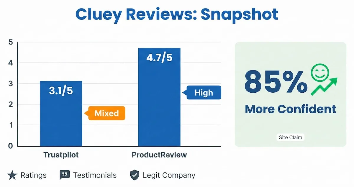 Bar chart comparing Cluey ratings on Trustpilot and ProductReview with an 85% confidence claim badge explaining mixed feedback.