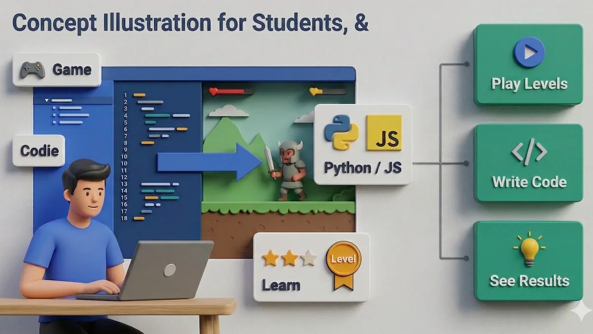 Concept illustration showing CodeCombat’s split-screen coding game, with student, code editor, and game level.