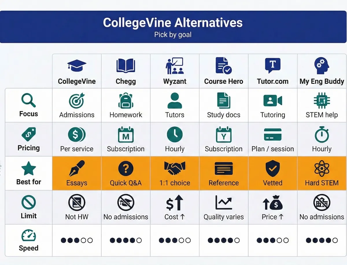 Comparison table of CollegeVine alternatives showing focus, pricing model, best use case, limits, and speed ratings across six options.
