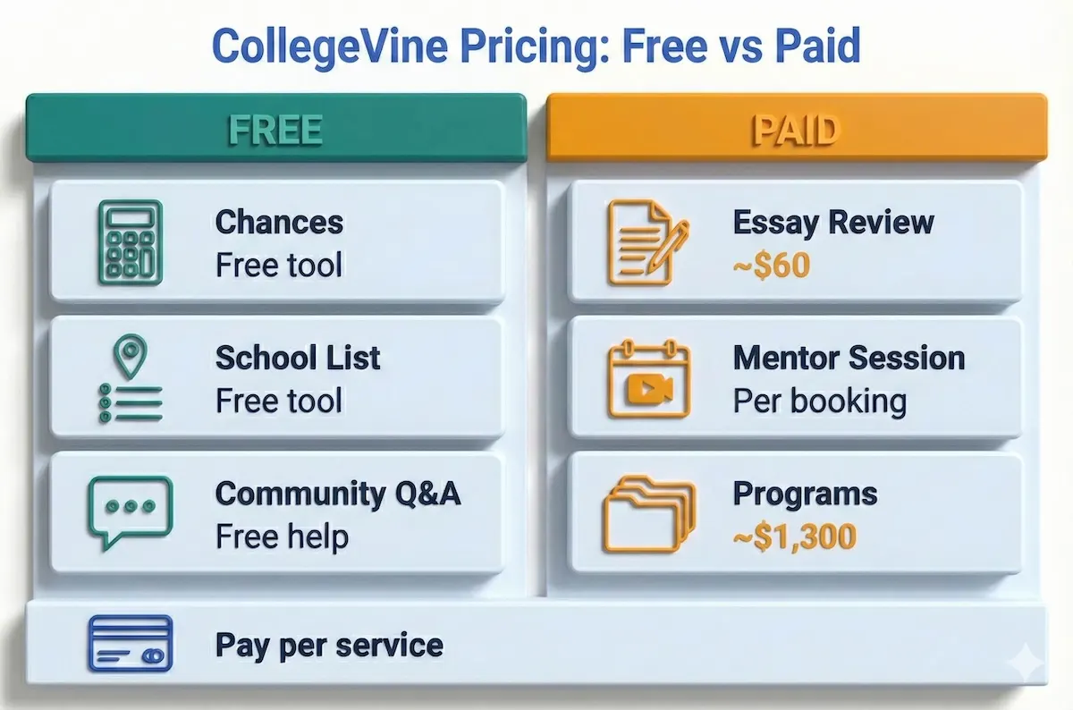 CollegeVine pricing infographic showing free tools versus paid services, including typical anchors like ~$60 essay review and ~$1,300 programs.