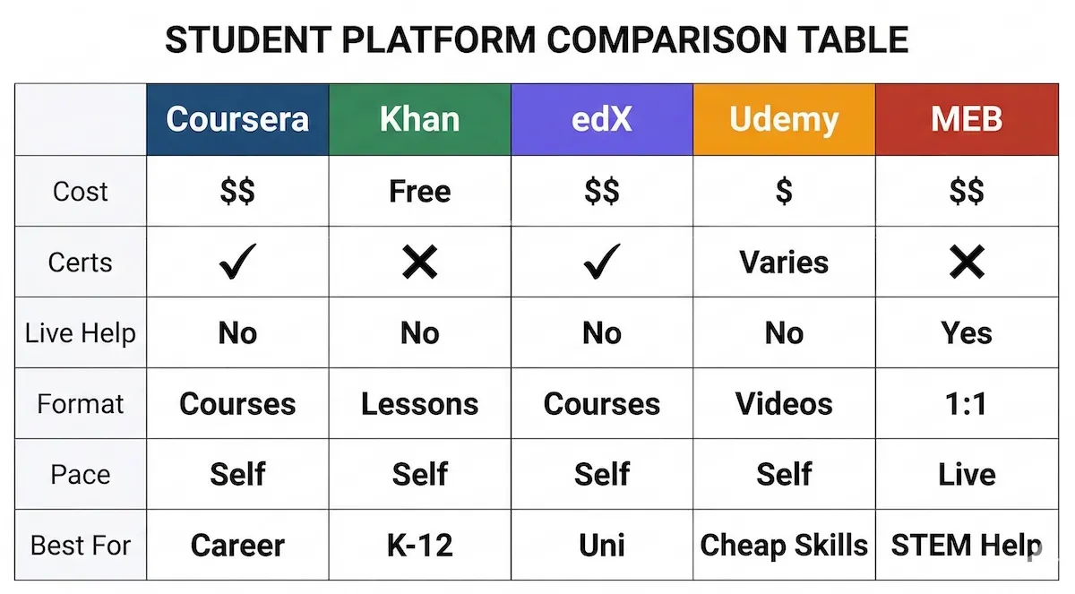 Comparison table of Coursera, Khan Academy, edX, Udemy, and My Engineering Buddy by cost, certificates, live help, format, pace, and best fit.