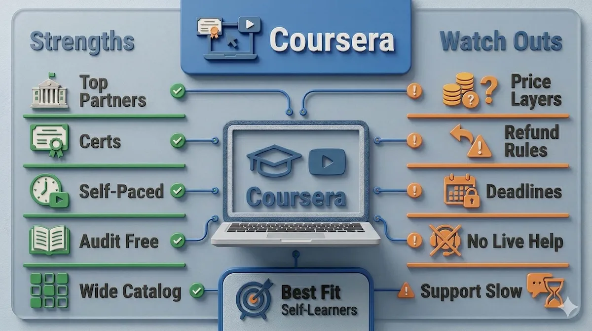 Coursera pros and cons infographic showing certificates, top partners, self-paced learning, pricing complexity, refund rules, and no live tutoring.