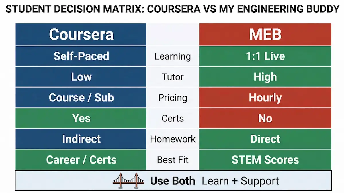 Coursera vs My Engineering Buddy comparison infographic showing self-paced courses versus live 1-on-1 STEM tutoring, pricing model, certificates, and homework support.