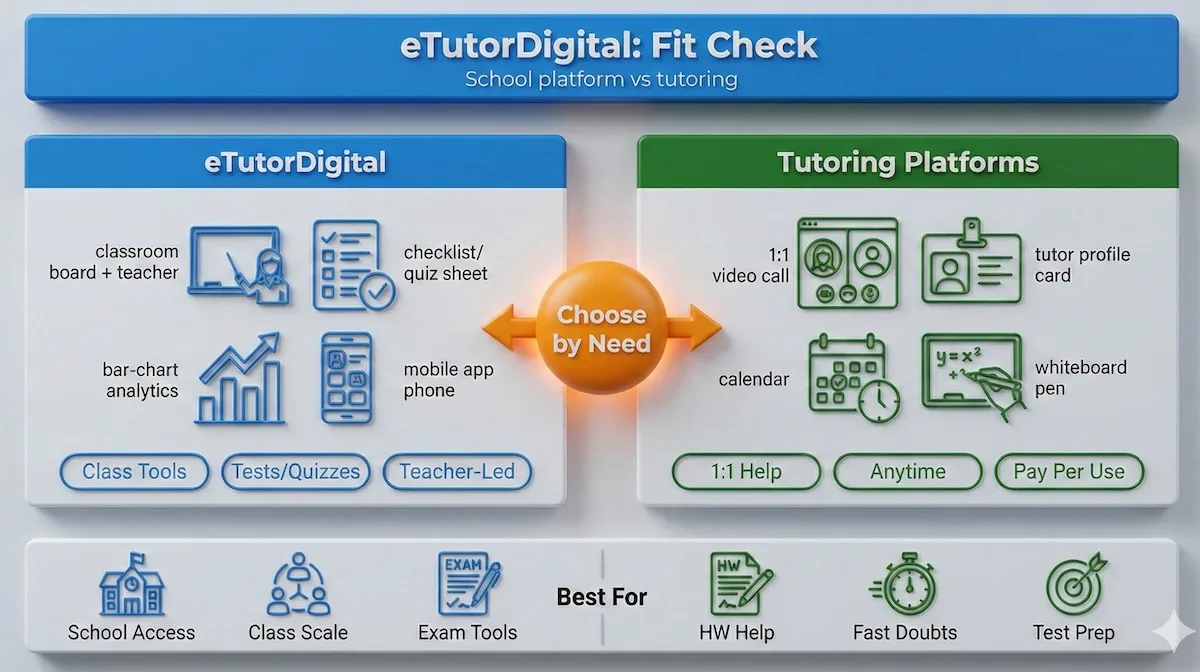 Fit-check infographic showing eTutorDigital as school-led LMS tools vs tutoring platforms for 1:1 homework help and test prep.