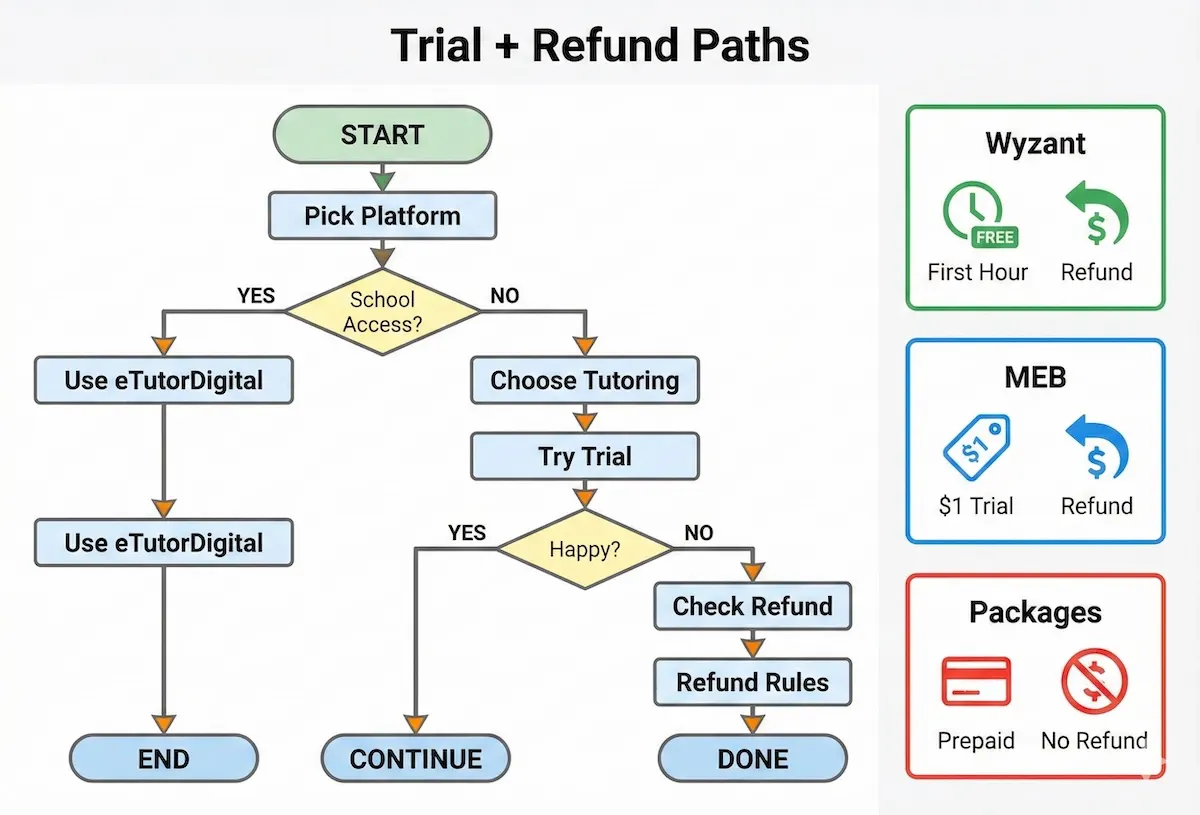 Flowchart showing trial and refund decision paths for eTutorDigital and tutoring alternatives, highlighting common refund-risk points before paying.