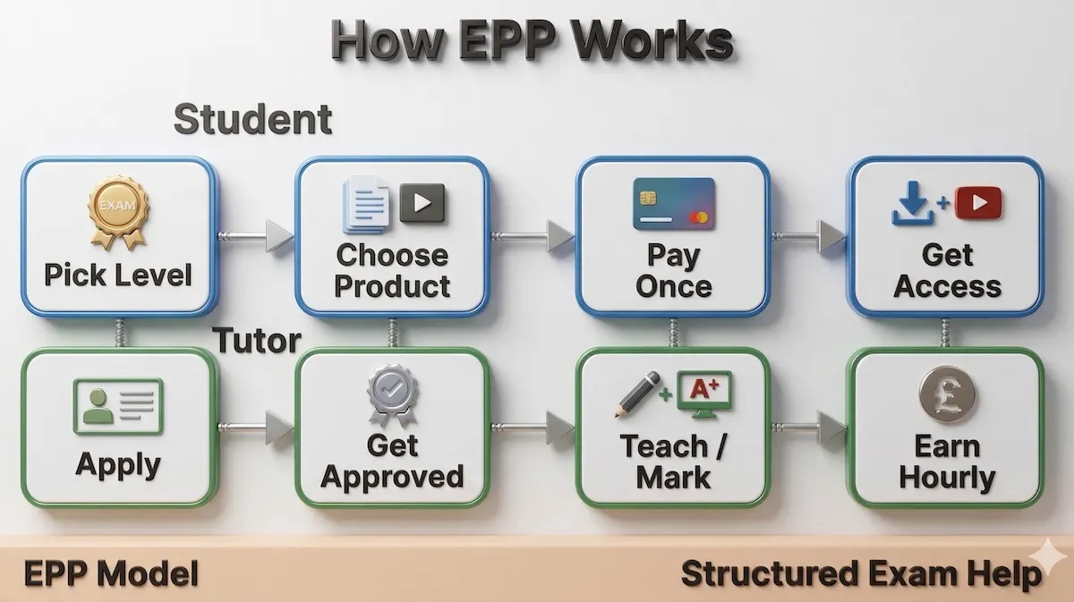 Dual-lane workflow diagram showing how students buy Exam Papers Plus materials and how tutors apply, teach, and earn.