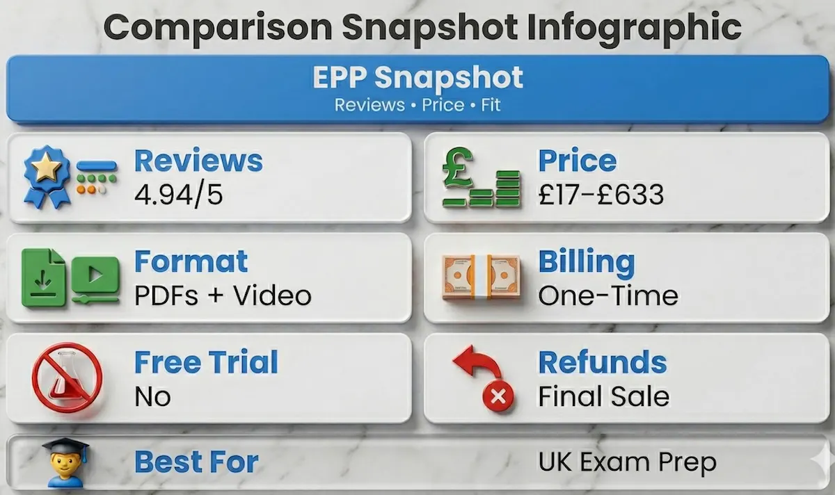 Exam Papers Plus overview infographic showing reviews, pricing range, one-time billing, no free trial, no-refund policy, and best-fit users.