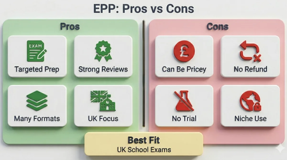 Split infographic showing Exam Papers Plus pros such as targeted UK exam prep and strong reviews, versus drawbacks like cost and no refunds.