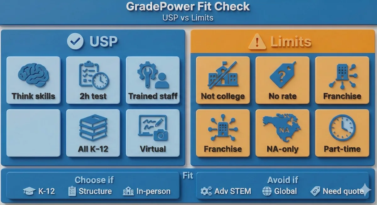 Two-column infographic summarizing GradePower Learning USP and drawbacks, plus a quick choose/avoid fit check for families.