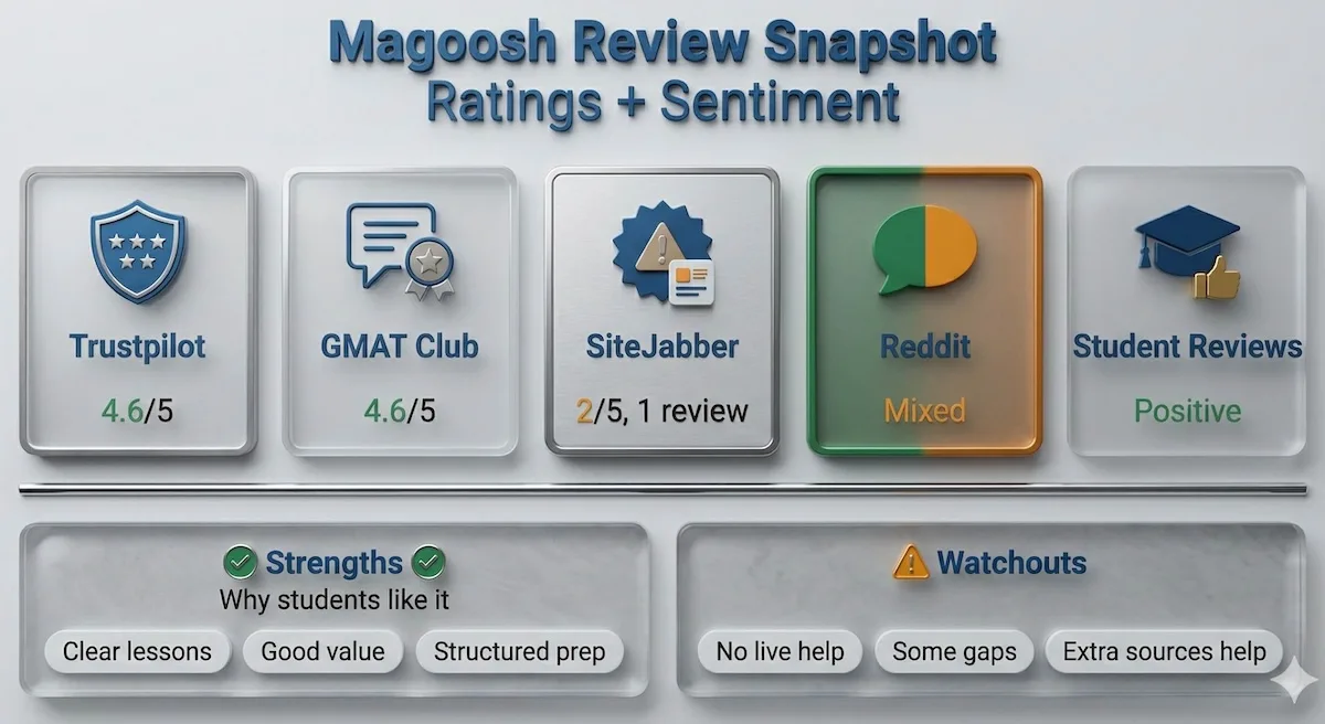 Chart summarizing Magoosh review sources, ratings, and key praise or concerns across Trustpilot, GMAT Club, Reddit, and SiteJabber.