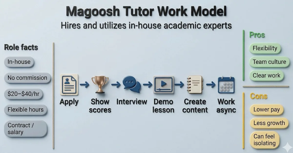 Process diagram showing how Magoosh hires tutors and content experts, including application steps, pay range, async work model, and pros and cons.
