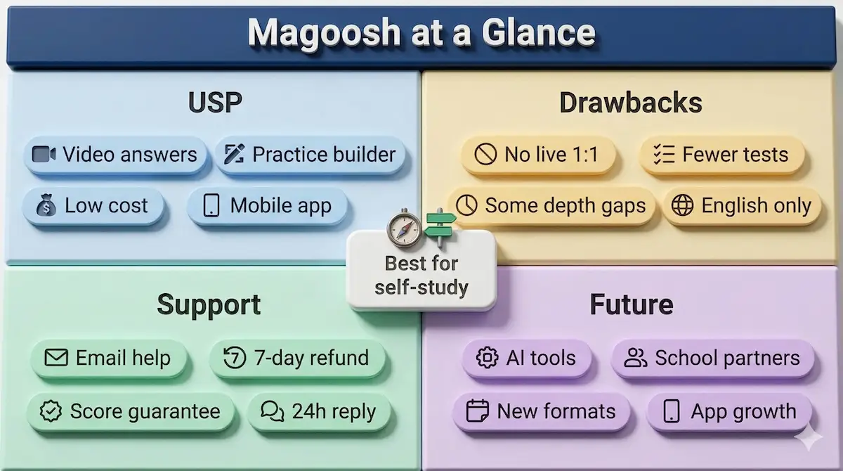 Four-panel infographic summarizing Magoosh USPs, drawbacks, support policies, and future plans for students comparing test prep platforms.