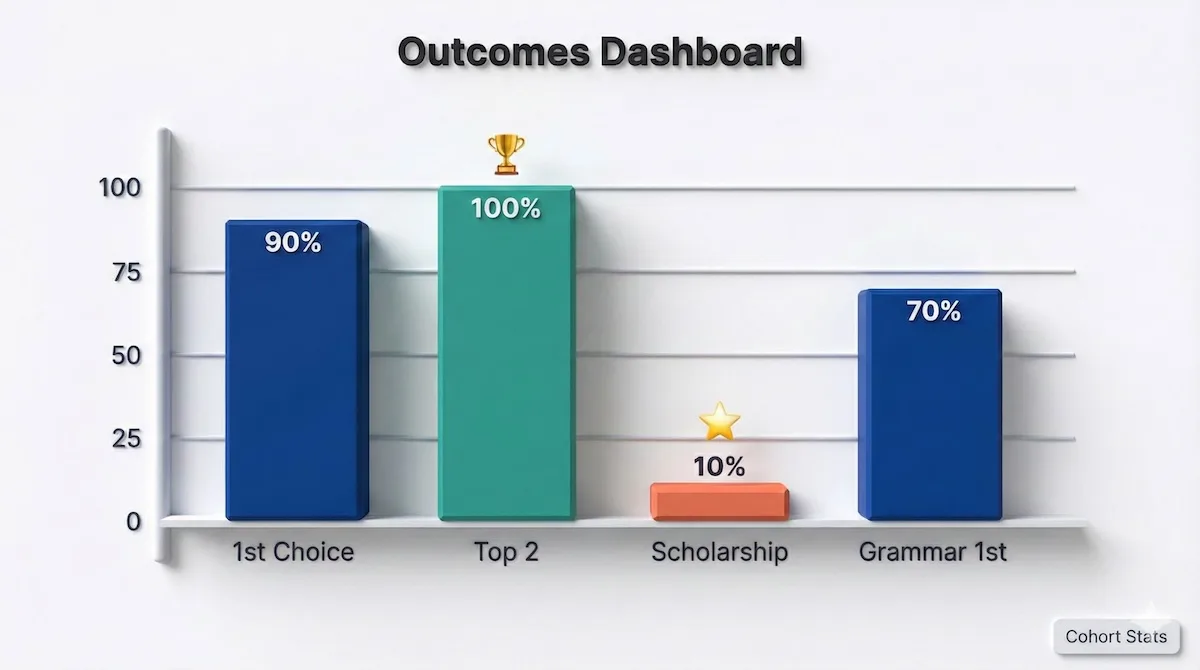 Bar chart showing Mentor Education outcomes: 90% first-choice offers, 100% top-two offers, 10% scholarships, and 70% grammar success.