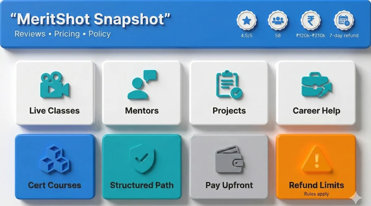 MeritShot at-a-glance infographic showing live classes, mentors, career help, Trustpilot 4.5/5 (58 reviews), pricing and refund window.
