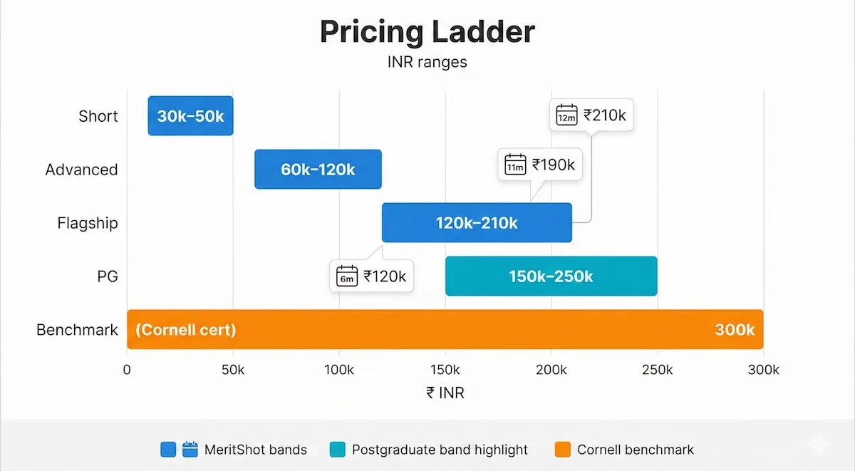 Pricing ladder chart showing MeritShot course fee ranges in INR, example program prices, and a ₹300k benchmark for comparison.