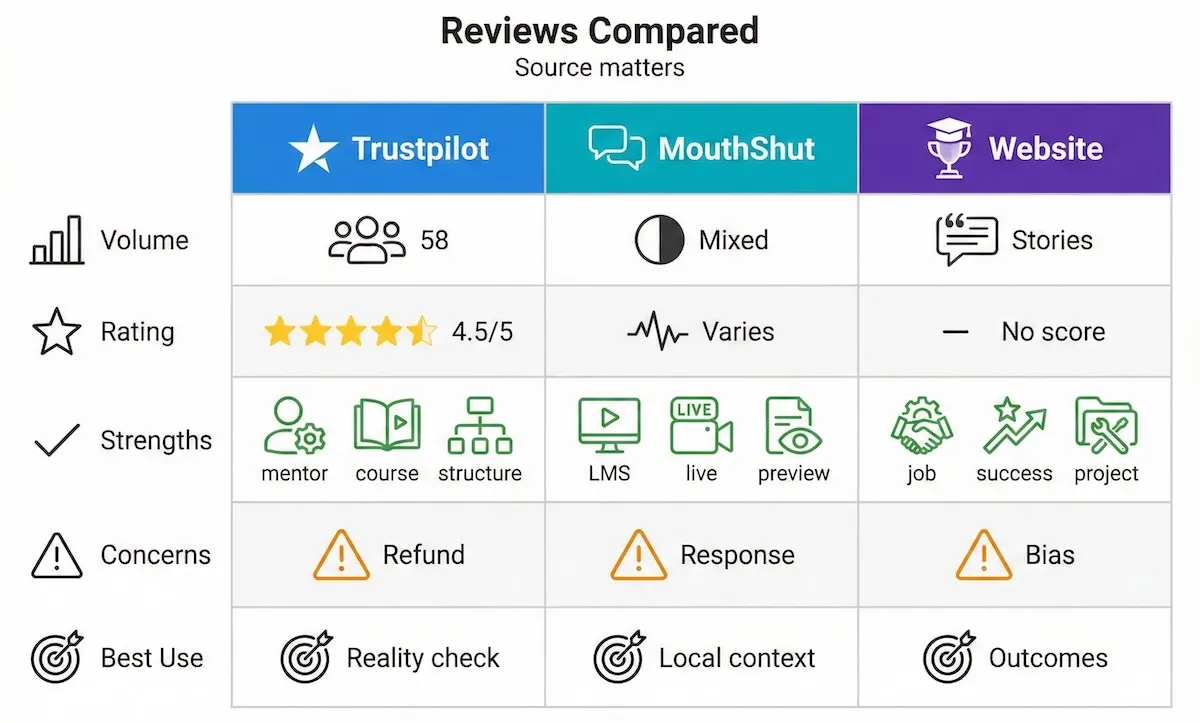 Comparison table of MeritShot review sources showing Trustpilot rating (4.5/5, 58 reviews), MouthShut mixed feedback, and website stories.