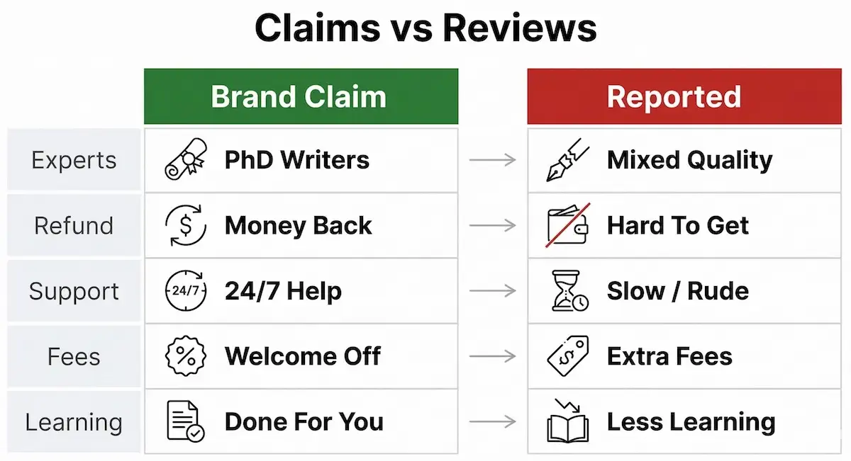 Comparison table contrasting My Assignment Help marketing claims with reported student experience on quality, refunds, support, fees, and learning value.