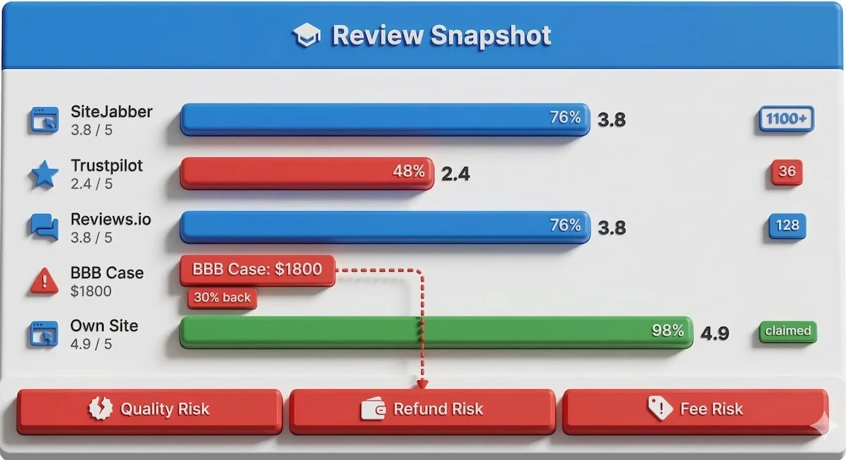 Review snapshot infographic showing My Assignment Help ratings, review counts, and refund-risk signals across SiteJabber, Trustpilot, Reviews.io, BBB, and its own site.