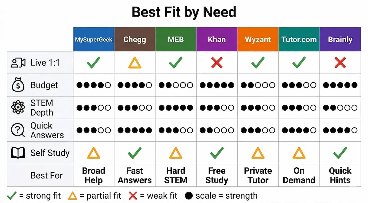 Comparison matrix showing which MySuperGeek alternatives best fit live tutoring, STEM depth, quick answers, self-study, and budget.