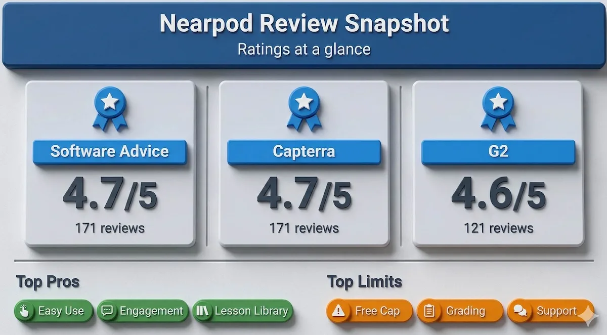 Nearpod reviews snapshot chart showing Software Advice, Capterra, and G2 ratings with common pros and platform limits.