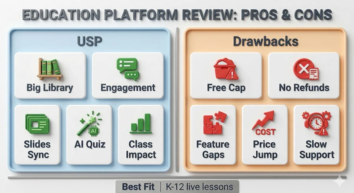 Nearpod pros and cons infographic showing major strengths like content library and engagement tools beside the main drawbacks.