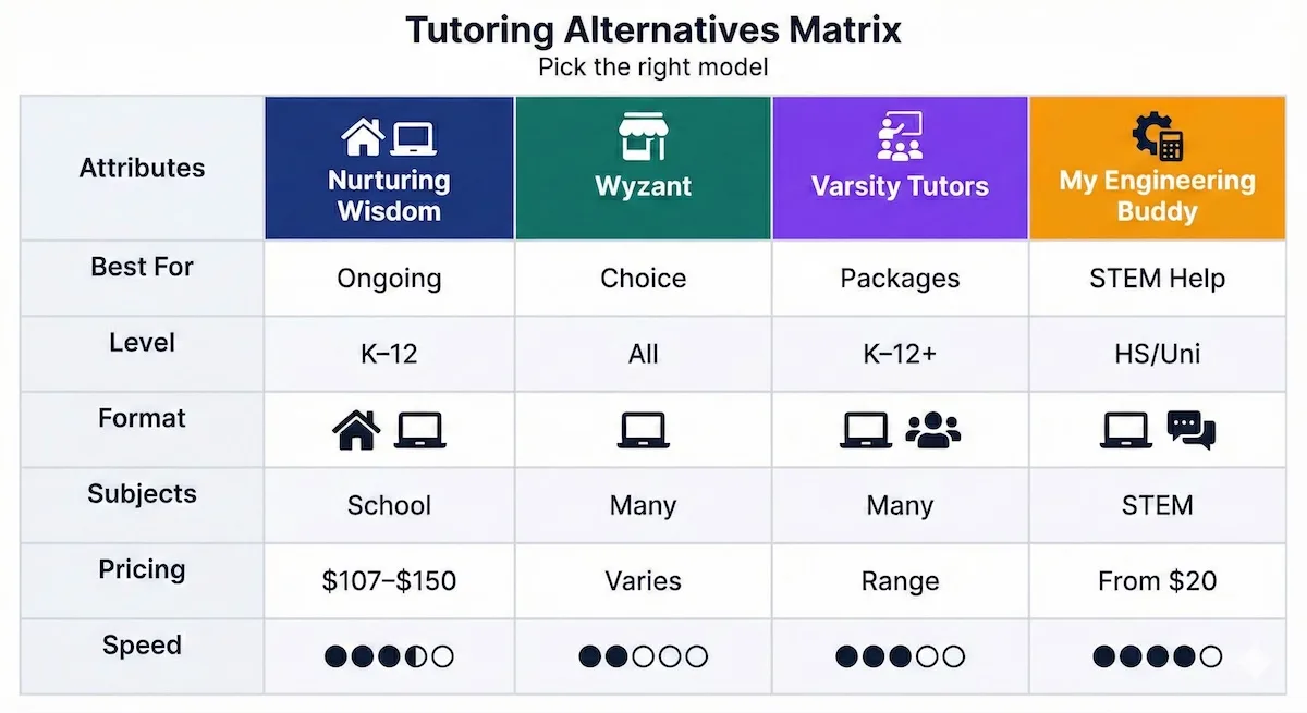 Comparison table of Nurturing Wisdom vs Wyzant vs Varsity Tutors vs My Engineering Buddy across level, format, subjects, pricing, and speed.