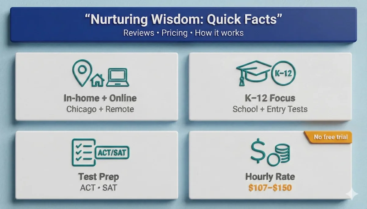 Overview infographic of Nurturing Wisdom tutoring: in-home and online options, K–12 focus, ACT/SAT prep, and $107–$150 rates.
