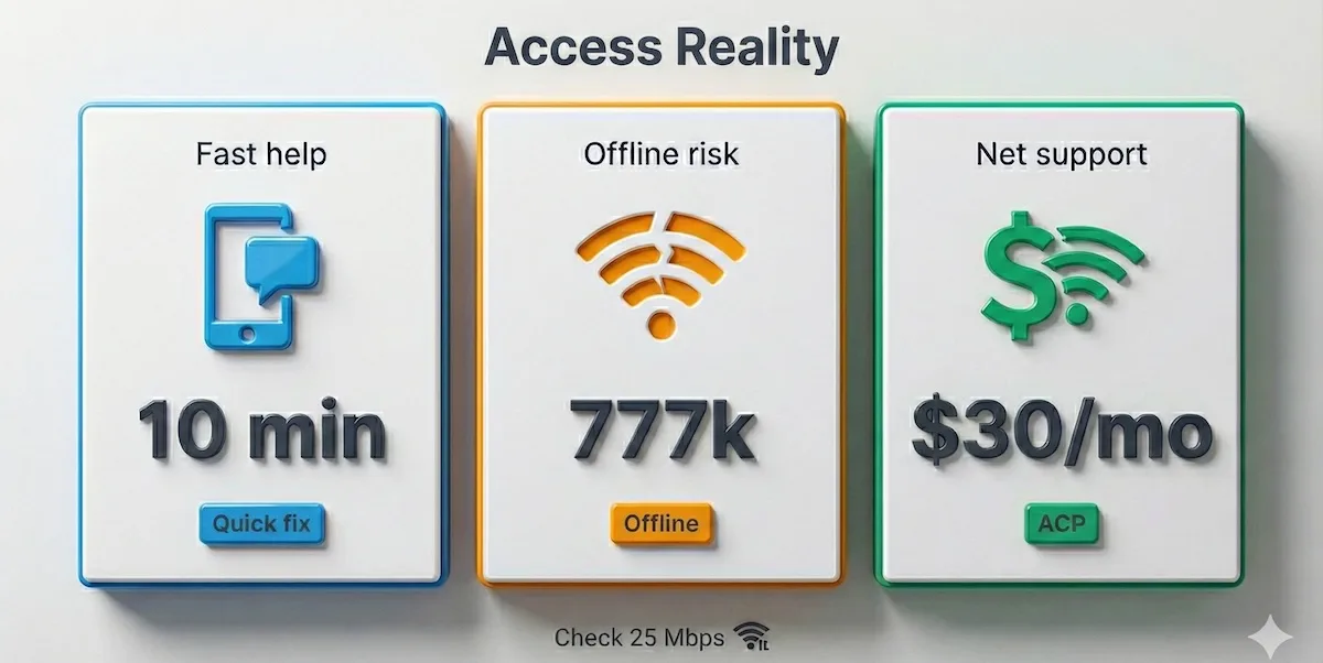 Access dashboard for online tutoring showing 10-minute micro-help, 777k offline risk, and up to $30 per month internet support (ACP).