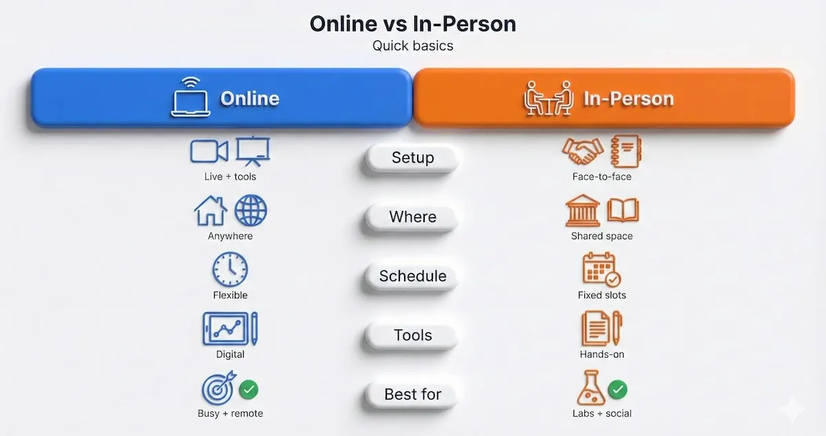 Online vs in-person tutoring comparison table showing setup, location, schedule, tools, and best-fit use cases.