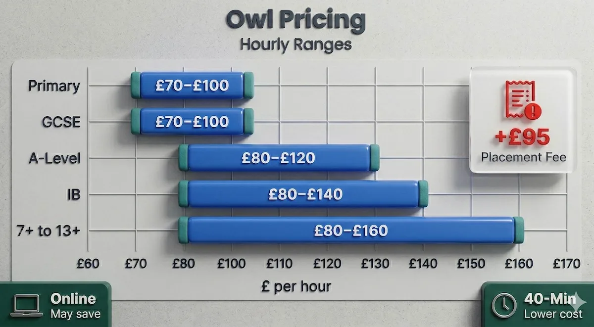 Bar chart showing Owl Tutors hourly pricing ranges by level, from Primary and GCSE to A-Level, IB, and entrance exam tutoring.