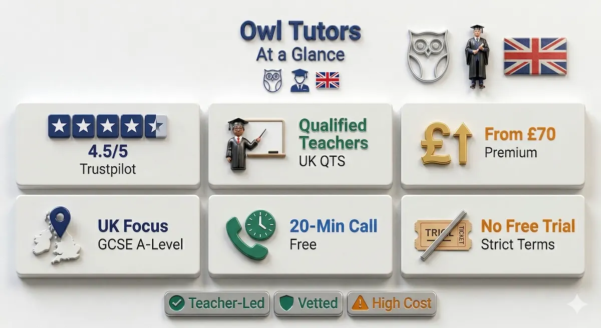 Summary infographic showing Owl Tutors review highlights including rating, qualified teachers, UK curriculum focus, pricing, consultation, and trial policy.