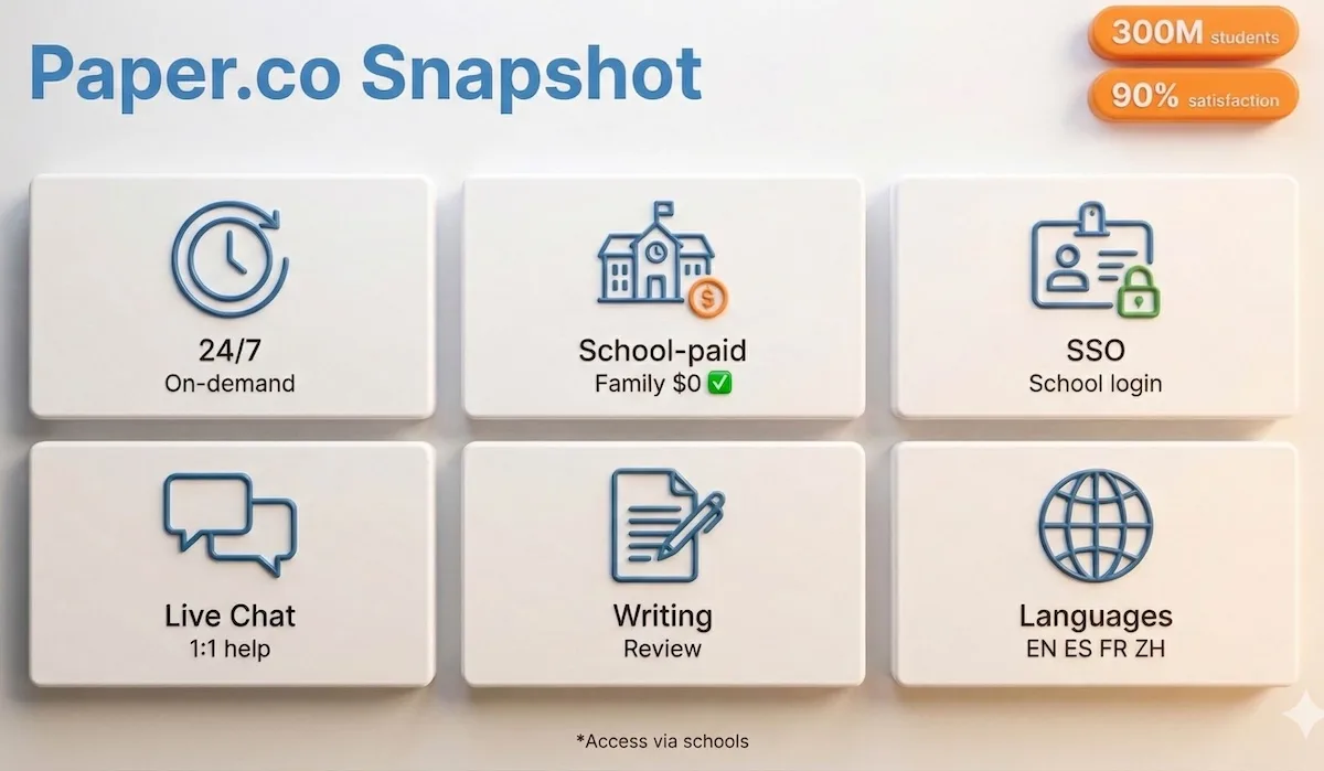 Paper.co snapshot infographic showing 24/7 tutoring, school-paid access, live chat, writing review, languages, and key stats.