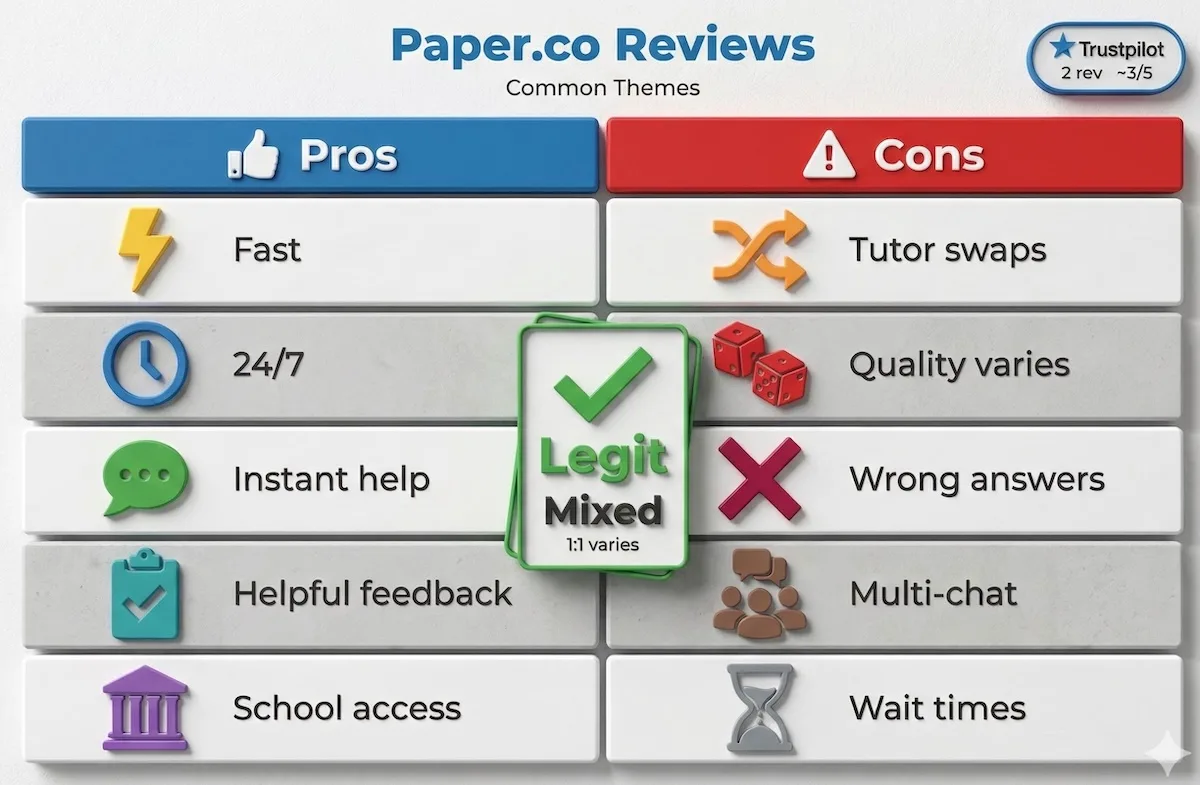 Paper.co reviews pros and cons infographic summarizing fast 24/7 access versus tutor swaps, quality variance, and multi-chat concerns.