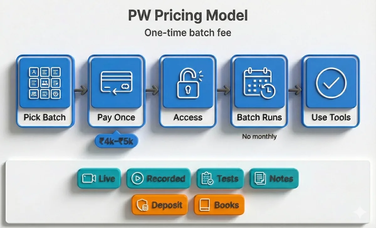 Diagram showing Physics Wallah one-time batch payment flow with included live classes, recordings, tests, notes, plus optional deposit and books.