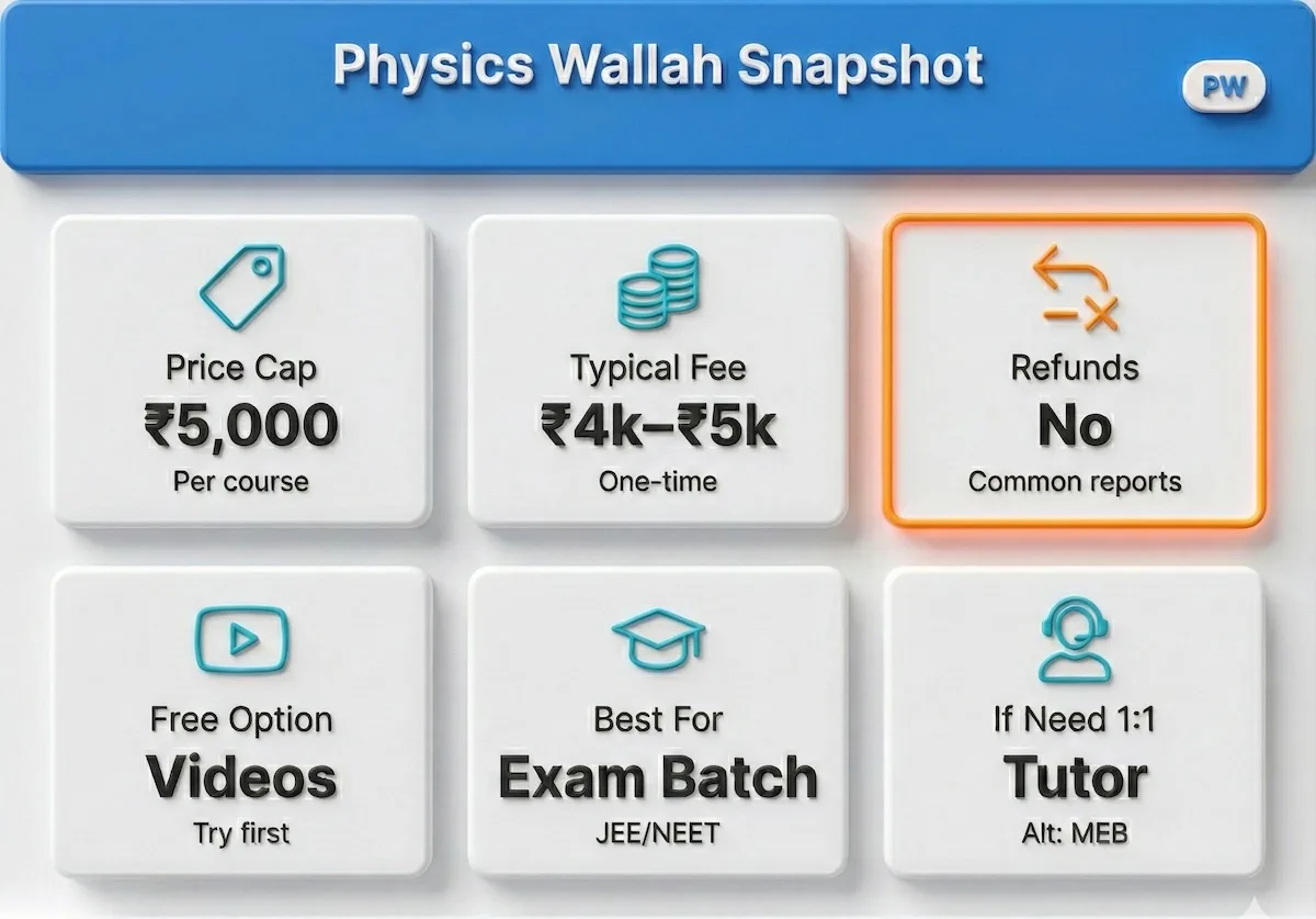 Physics Wallah snapshot infographic showing pricing under ₹5,000, typical ₹4k–₹5k, no refunds, best for JEE/NEET batches.