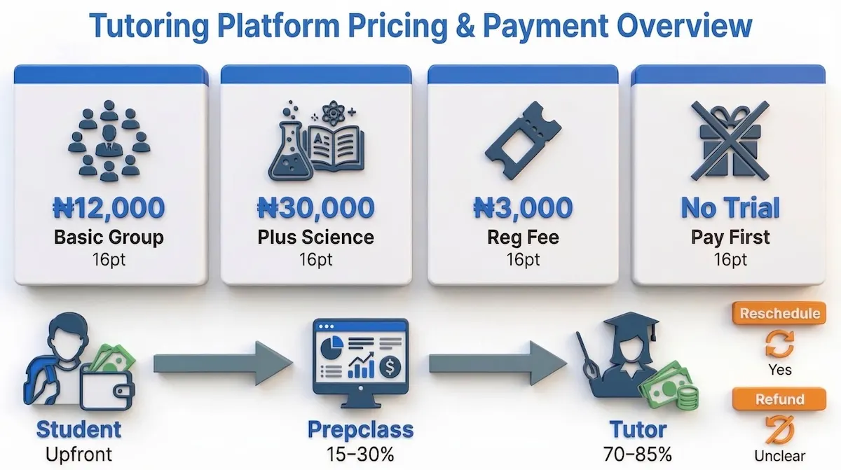 Pricing infographic showing Prepclass class costs, registration fee, upfront payment model, tutor share, commission, and refund limits.