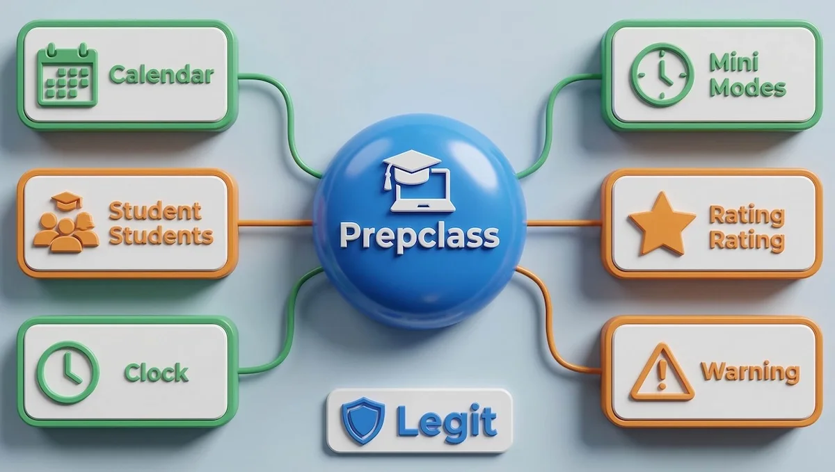 Infographic summarizing Prepclass reviews, key facts, tutoring modes, and trust signals for students comparing tutoring platforms.