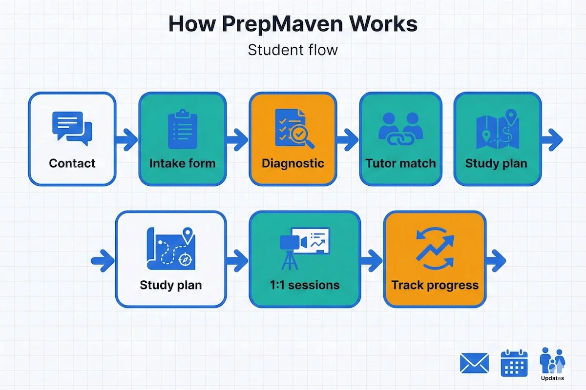Process flow showing how PrepMaven works for students: contact, intake form, diagnostic test, tutor match, study plan, 1:1 sessions, progress tracking.