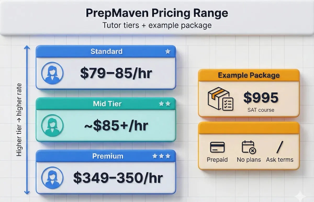 Pricing ladder showing PrepMaven hourly rate tiers from about $79–85/hr up to $349–350/hr, plus an example $995 package.