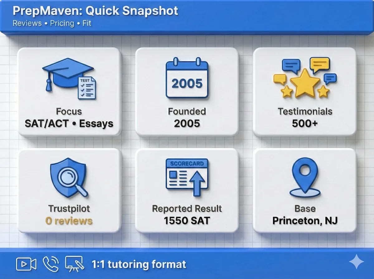 PrepMaven snapshot infographic showing focus areas, founding year, testimonials vs Trustpilot reviews, and key location details.